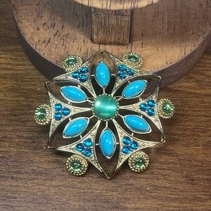 Vtg‎ Gold Tone Starburst Brooch Turquoise Green Blue Cabochon Statement Pin